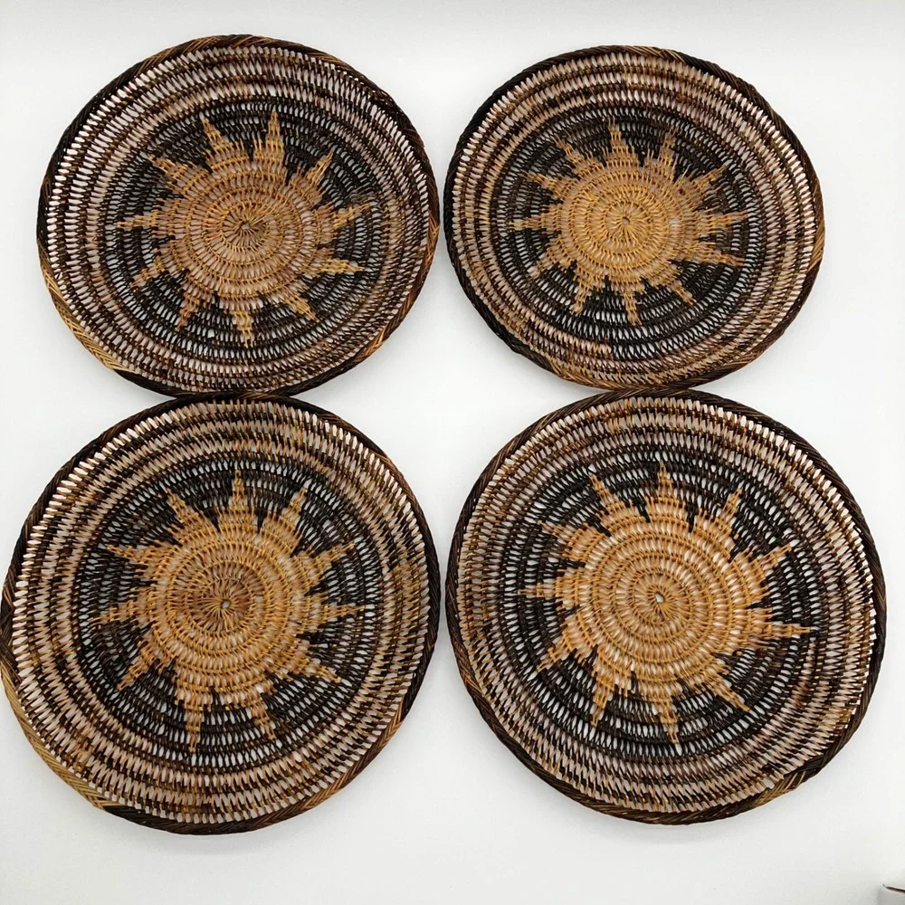 Vintage Woven Rattan Plate Chargers 12 Inch Brown Sunburst Wall Decor Set of 6